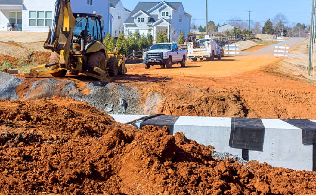 Construction vehicles leveling earth on a country road project site