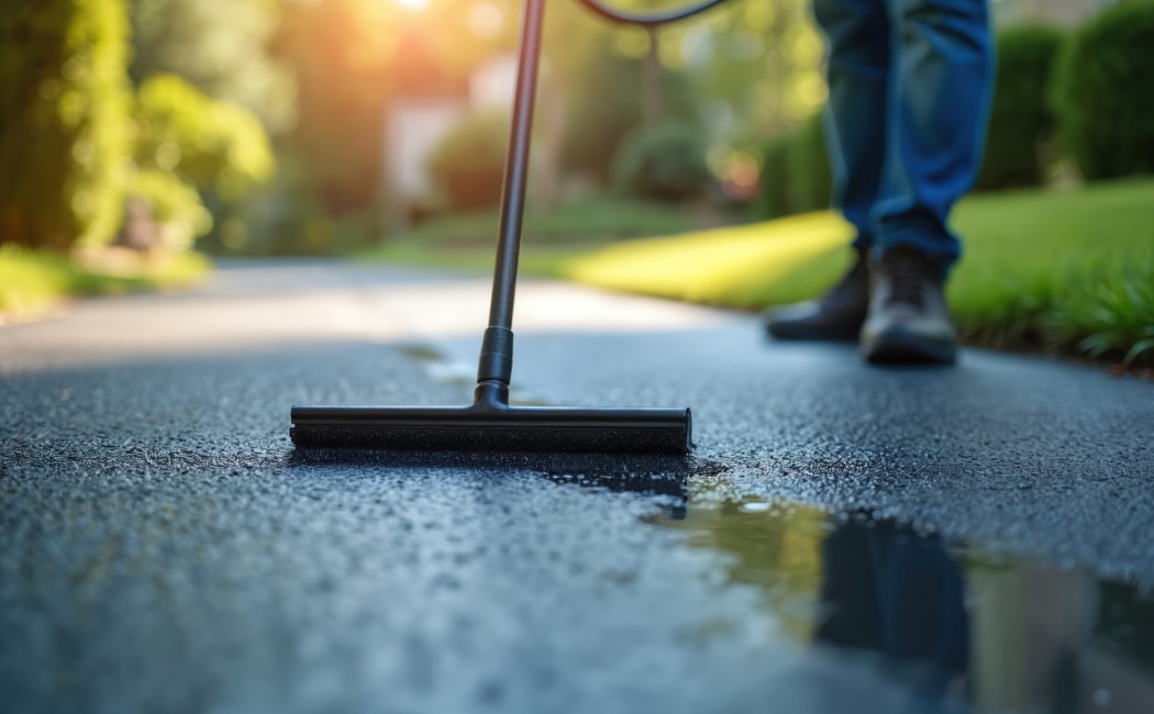 Precision Driveway Sealcoating Services for a Smooth Finish Close-up of a worker using a squeegee to apply Sealcoating Services on a driveway surface, creating a smooth and protective finish.