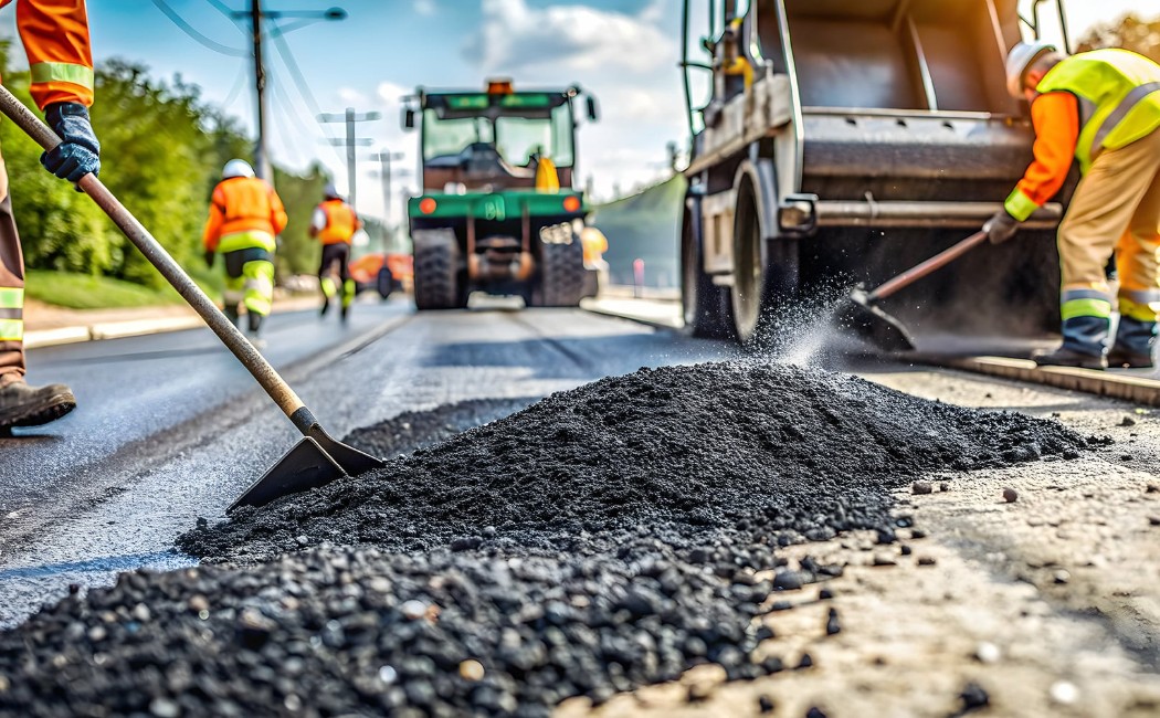 Asphalt Paving Team Spreading and Smoothing Hot Asphalt Surface Asphalt Paving crew spreading and leveling hot asphalt on a road with shovels and heavy machinery during construction work.