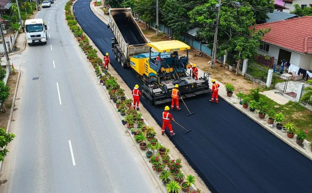 Asphalt Paving Maintenance crew using a paving machine and truck to lay fresh asphalt on a suburban road lined with houses and plants.