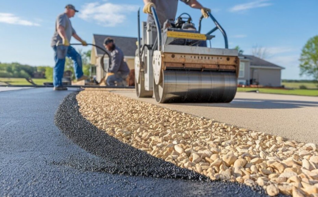 Chip Sealing Road Roller on Residential Driveway. Chip Sealing specialists using a road roller to secure aggregate on a residential driveway for a durable protective surface.