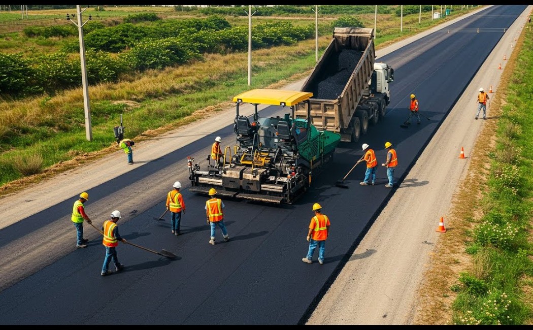 Asphalt Paving Crew Building a New Highway Surface. Road crew performing asphalt paving with paving equipment and workers laying fresh asphalt on a newly constructed highway.
