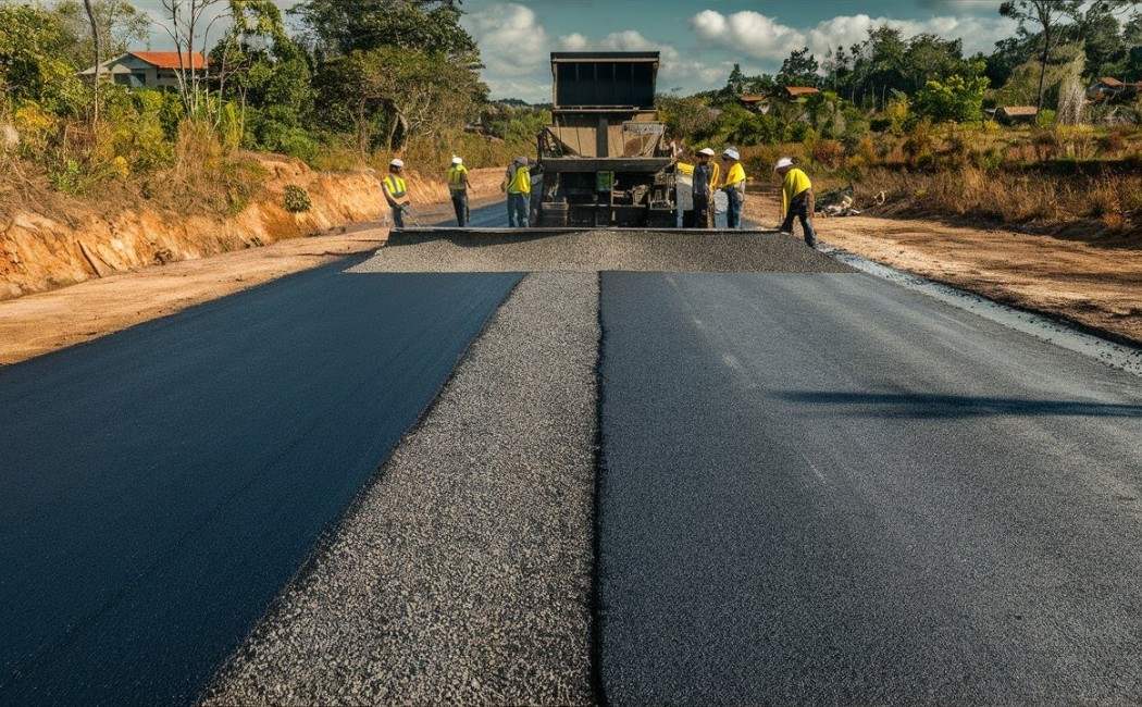 Professional crew performing asphalt chip sealing on a newly paved roadway using specialized paving equipment for a durable, long-lasting road surface.