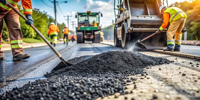 Workers applying fresh asphalt during a professional Asphalt Paving project on a roadway.
