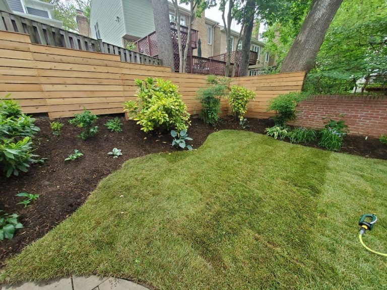Yard grading creates a level lawn with green grass, vibrant shrubs, and a wooden retaining fence for better drainage.