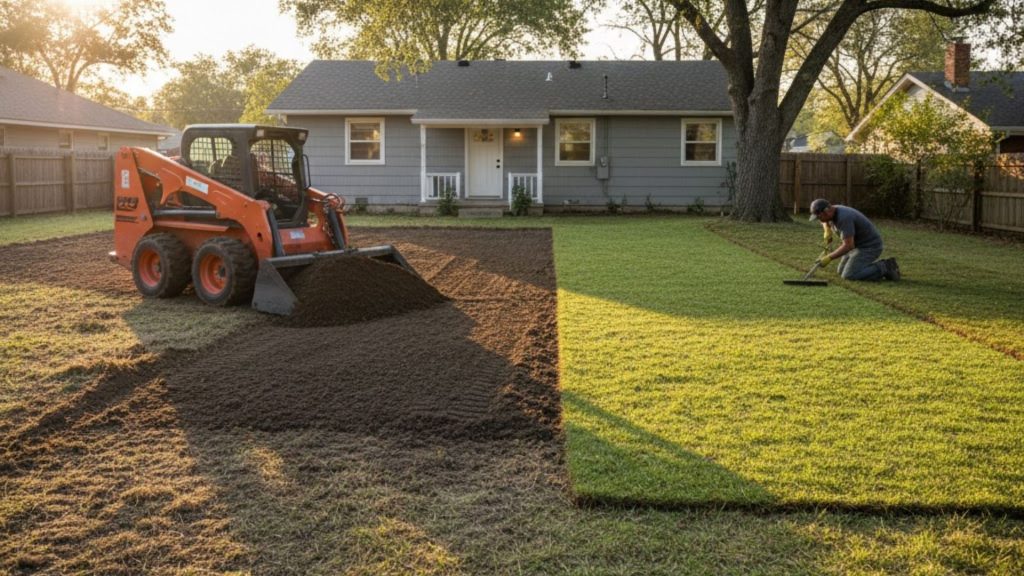 Yard grading levels an uneven backyard as a skid-steer spreads fresh soil to create a smooth lawn.